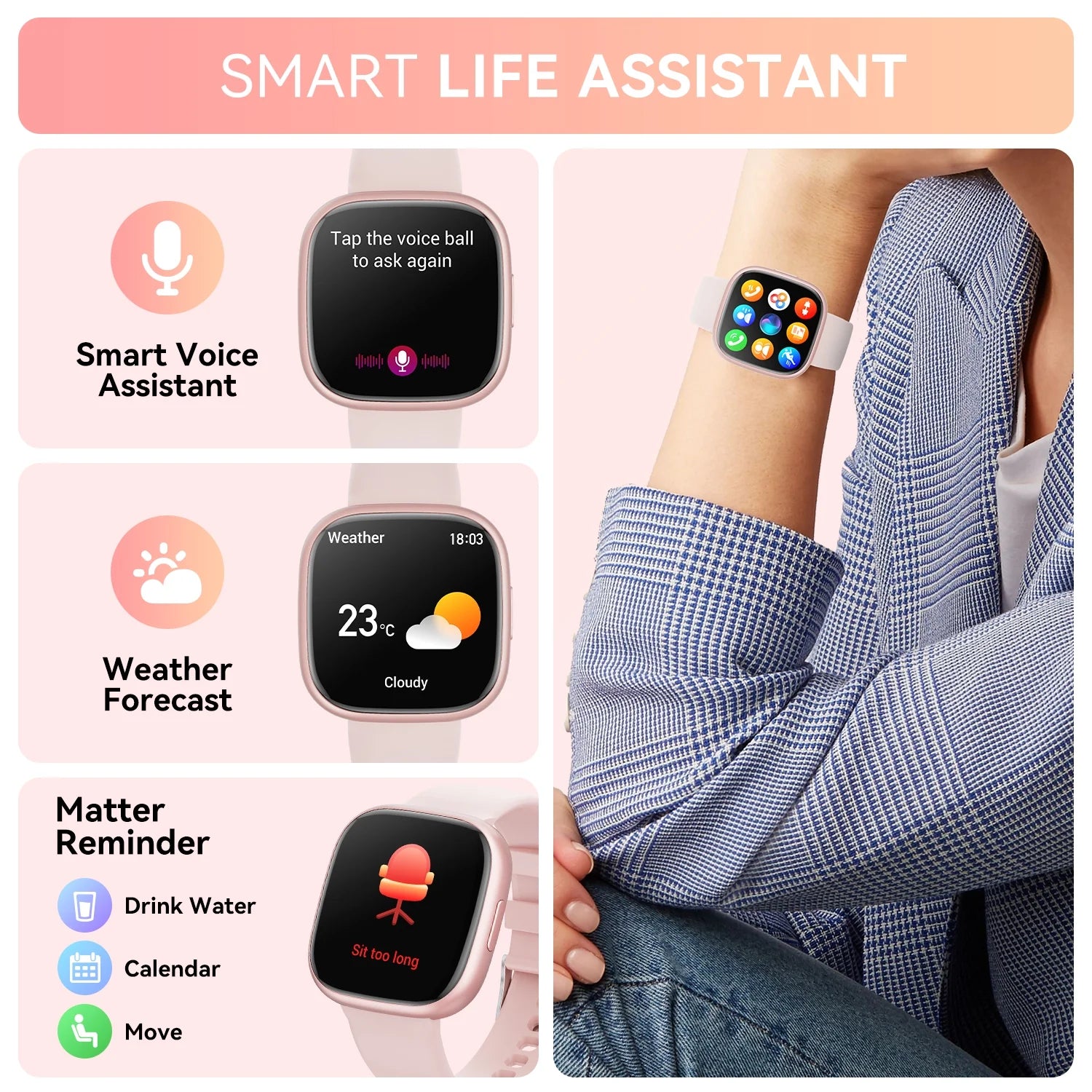 1.72 Women'S Smartwatch with Fitness Tracker, Fitness Watch with 100+ Exercise Modes, Answer/Call, Smartwatch Fits for Android & Iphone Devices (Pink)