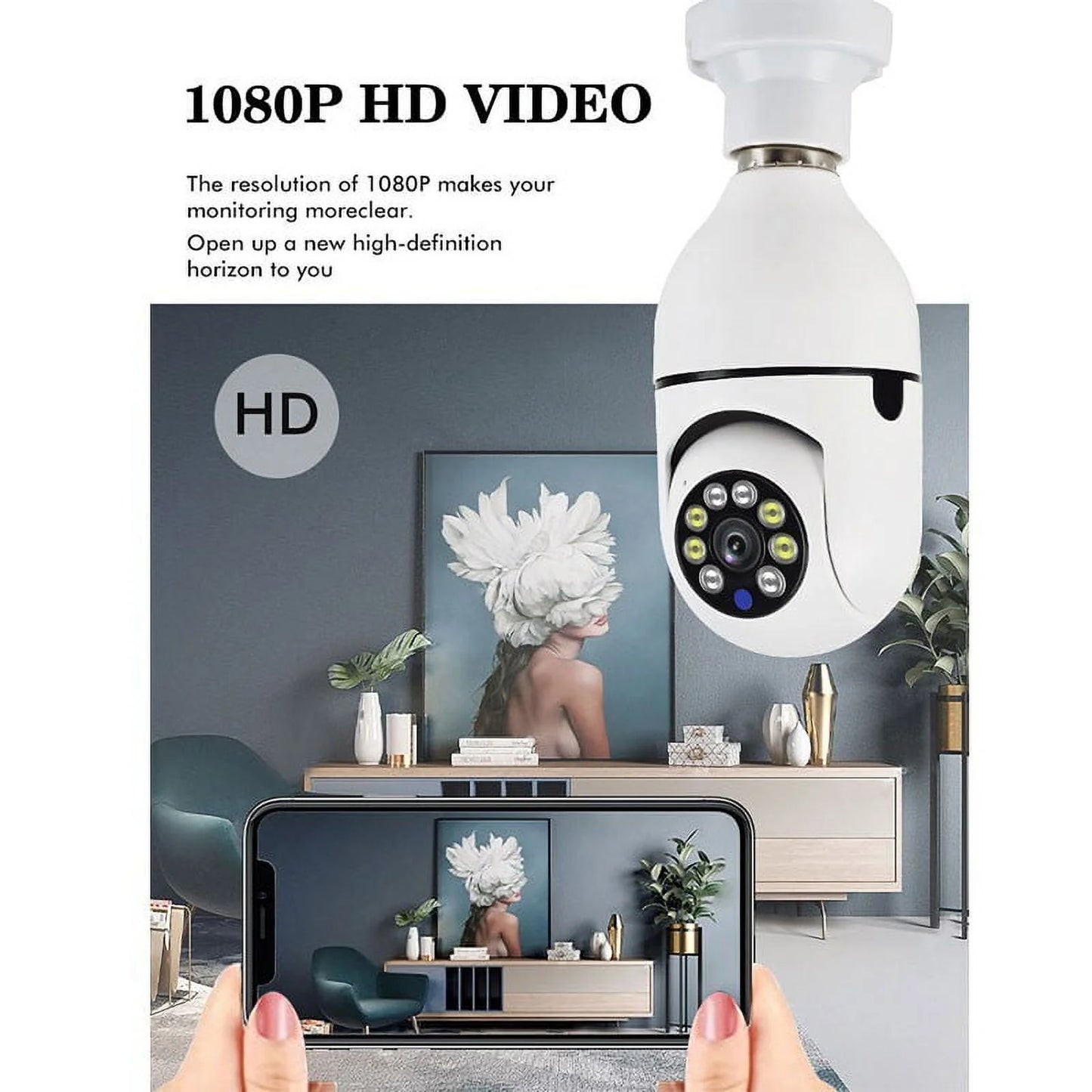 Wireless Security Camera,Wifi IP Camera 2.4Ghz E27 Light Bulb 1080P HD Security Monitor Cam with Infrared Night Vision,White