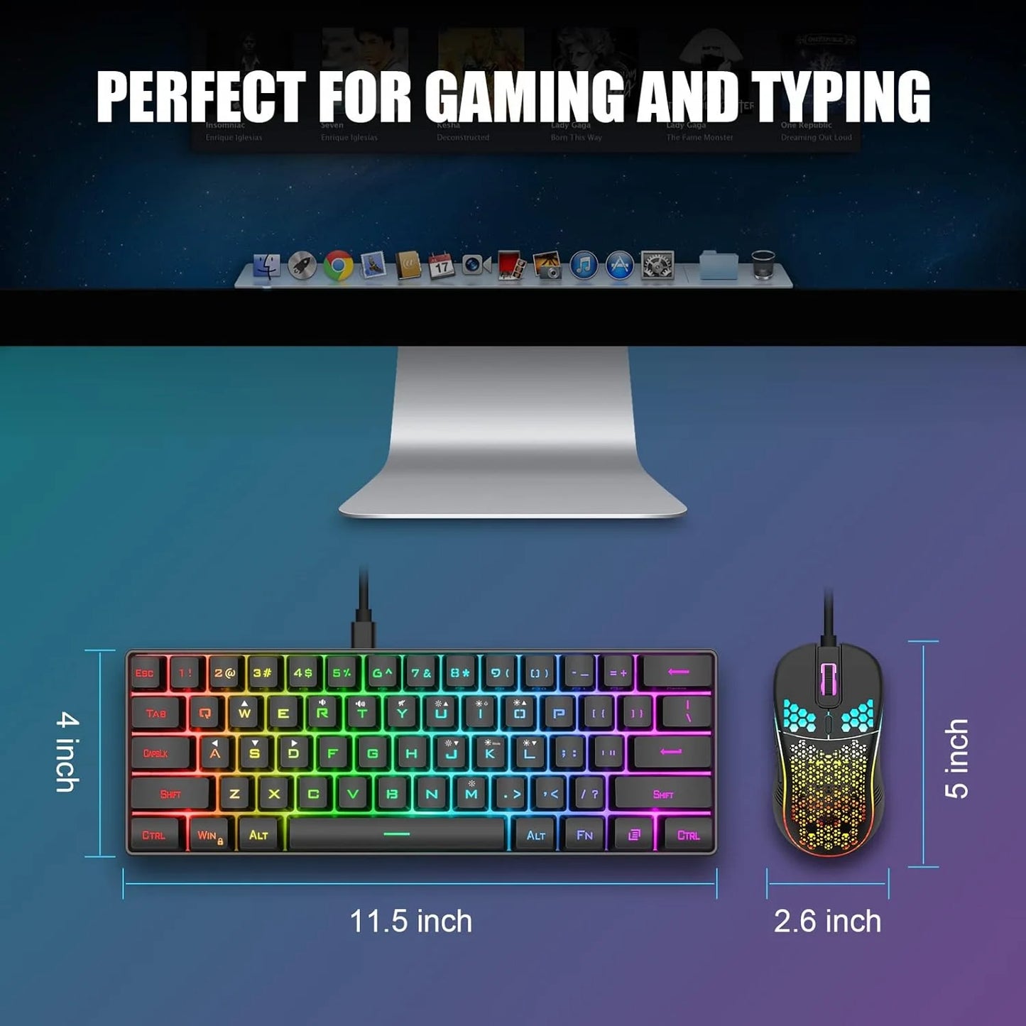Gaming Keyboard and Mouse Combo, Rainbow LED Backlit Multimedia PC Gaming Keyboard, Office Keyboard Colorful Breathing Backlit Gaming Mouse for Working or Primer Gaming, Office Device,Black