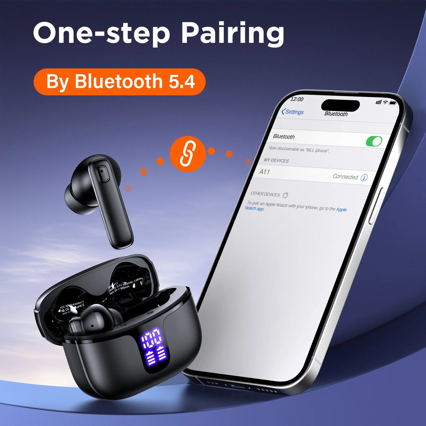 A11 Wireless Earbuds, Bluetooth 5.4 Earbuds Hi-Fi Stereo Bass 68H Playback LED Power Display Earphones with Mic IPX7 Waterproof In-Ear Earphones for TV Smart Phone Laptop Computer Sports