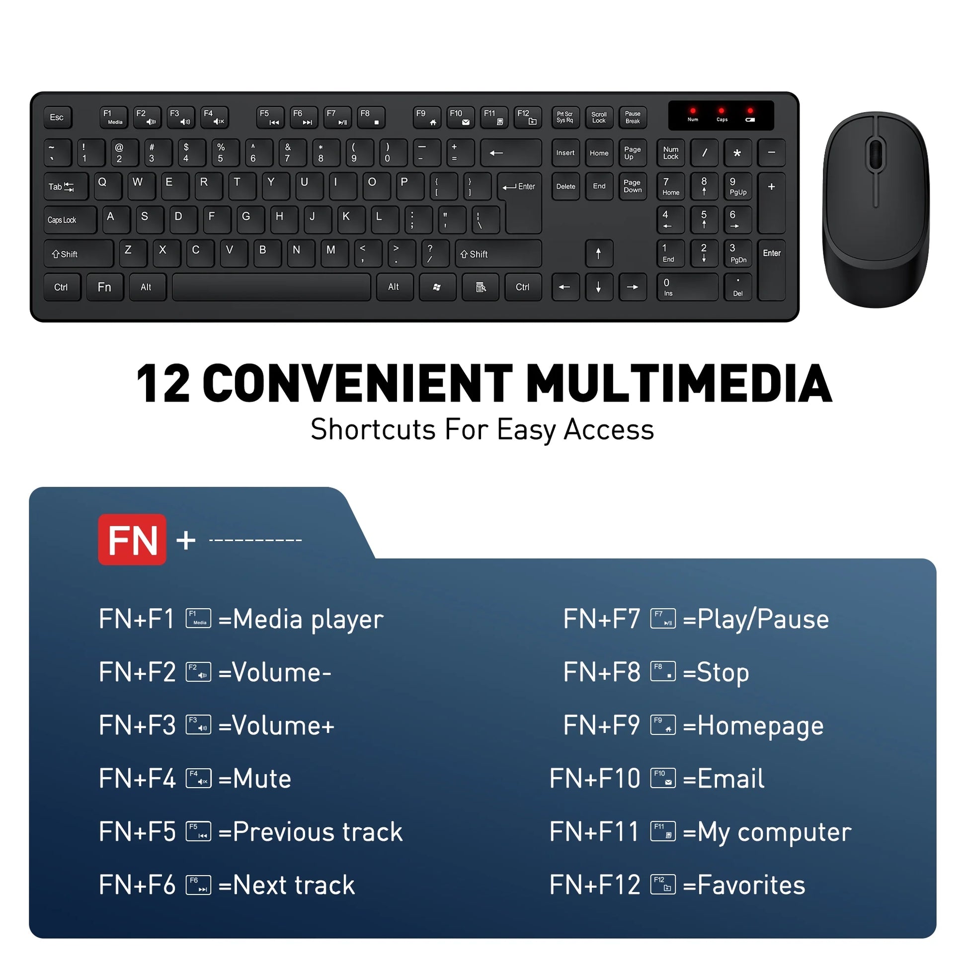 Wireless Keyboard and Mouse Combo - Ergonomic Silent Design, 12 Shortcut Keys, 2.4Ghz Full-Sized for Windows/Mac/Pc/Laptop, Black