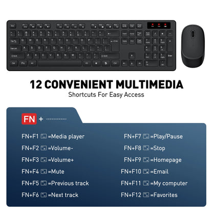 Wireless Keyboard and Mouse Combo - Ergonomic Silent Design, 12 Shortcut Keys, 2.4Ghz Full-Sized for Windows/Mac/Pc/Laptop, Black