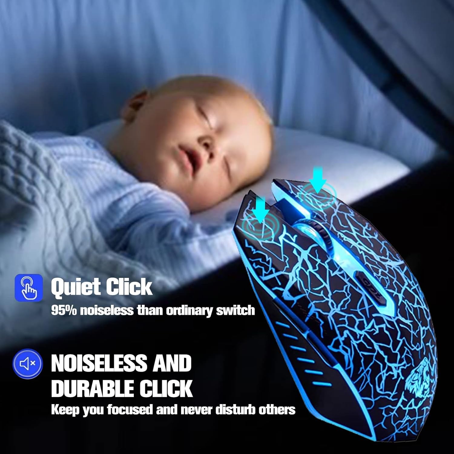 C10 Wireless Gaming Mouse Rechargeable Silent Optical Mice 7 Colors LED Lights, 7 Buttons 2400/1600/800DPI (Black)