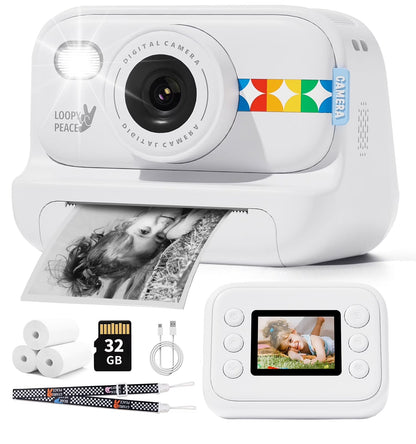 Instant Print Camera, 3 in 1 Photo/Video/Printing HD 1080P Digital Camera with Print Paper & 32G TF Card, Selfie Video Camera Toddler Portable Travel Camera for Boys & Girls
