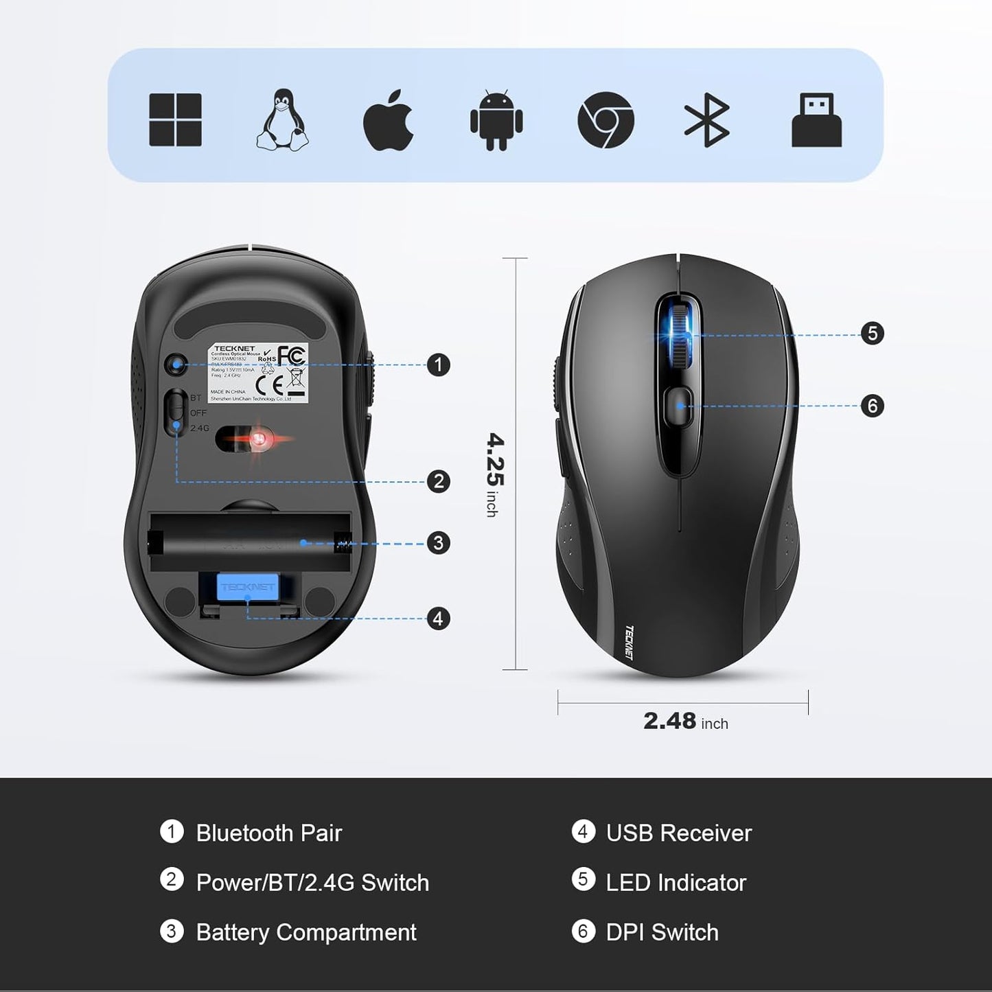 Bluetooth Mouse, 2-In-1(Bt 5.0/3.0+2.4Ghz) 4000DPI Wireless Mice with USB Connect Available for Laptop Computer, Portable PC Mouse Bluetooth for Mac (USB-A+BT Wireless Connect, Black)