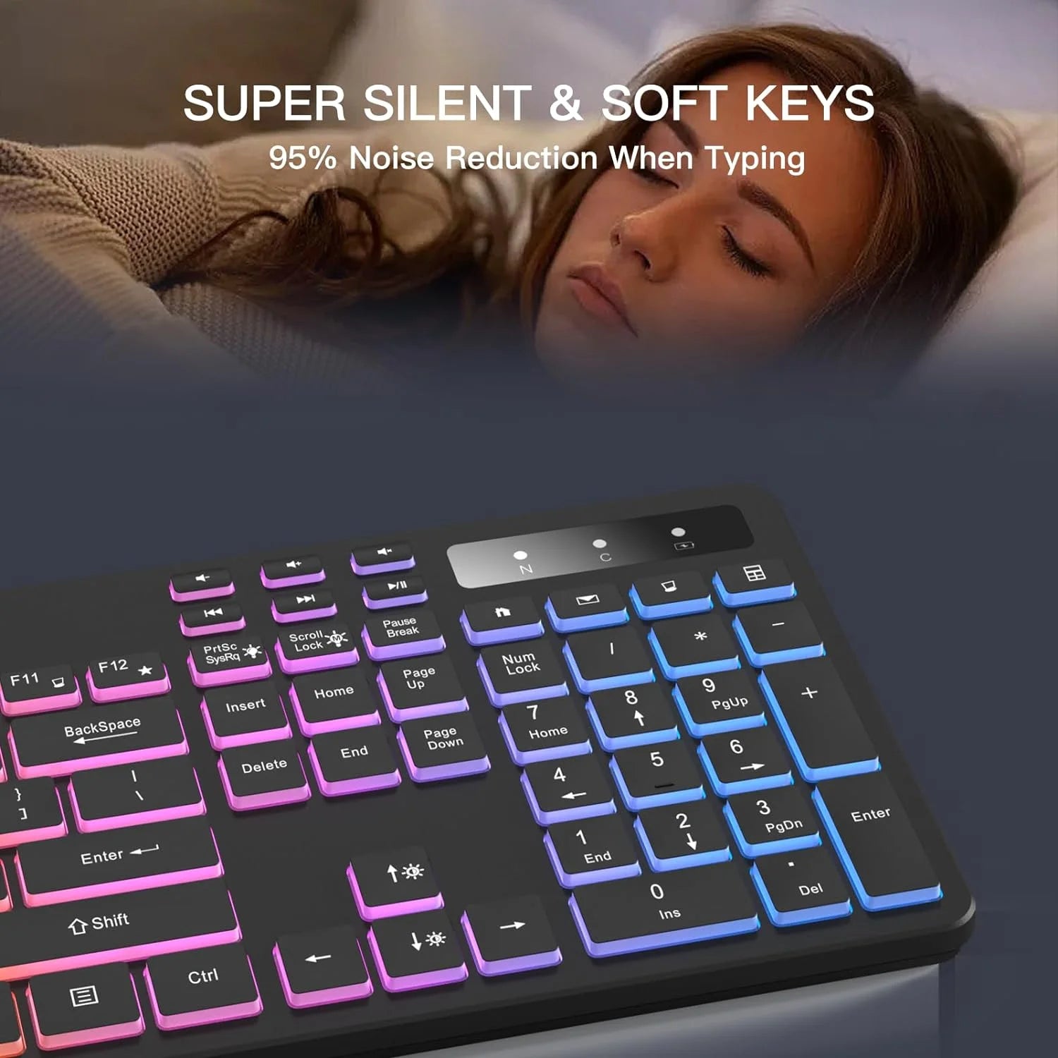 Wireless Keyboard with 7-Color RGB Backlit,  Full-Size Computer Keyboard with Phone Tablet Holder, Rechargeable 2.4G Wireless Gaming Keyboard with Light up Keys, Compatible with Mac,Window,Black