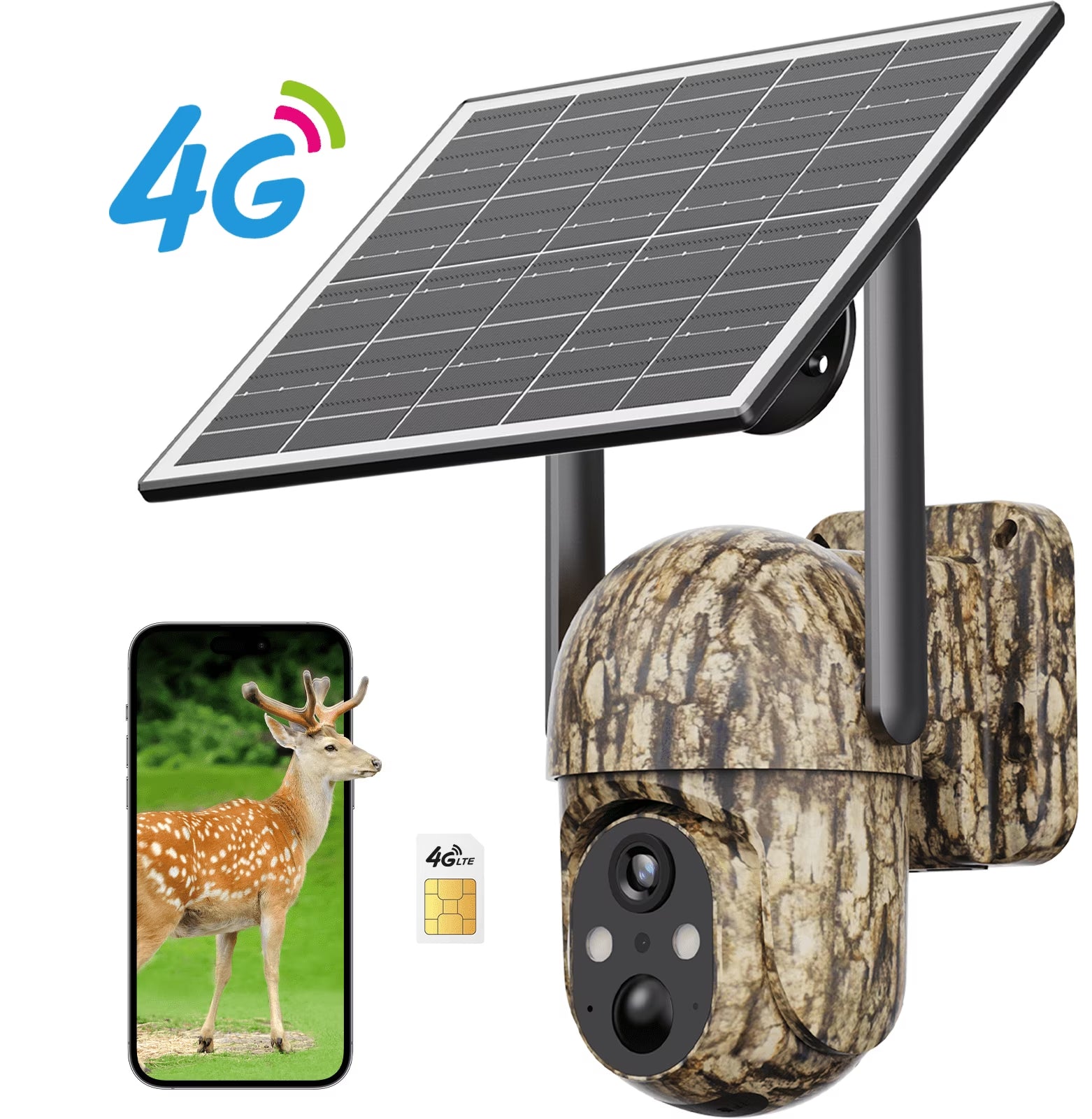 4G LTE Solar Cellular Trail Camera, 2K HD Wildlife Deer Game Hunting Camera with Color Night Vision, PIR Motion Detection, 360° PTZ View, Outdoor Security
