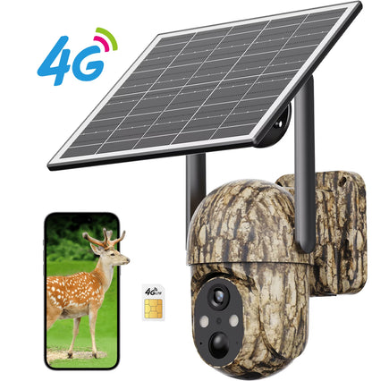 4G LTE Solar Cellular Trail Camera, 2K HD Wildlife Deer Game Hunting Camera with Color Night Vision, PIR Motion Detection, 360° PTZ View, Outdoor Security