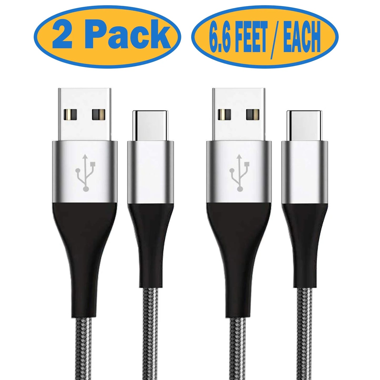 USB C Cable,  2-Pack, 6.6 Ft per Pack Nylon Braided USB a to Type C Charging Cable Fast Charge Cable for Samsung Galaxy S10 S10+ / Note 8, LG V20, Sony, Motorola and Other USB C Charger (Gray)