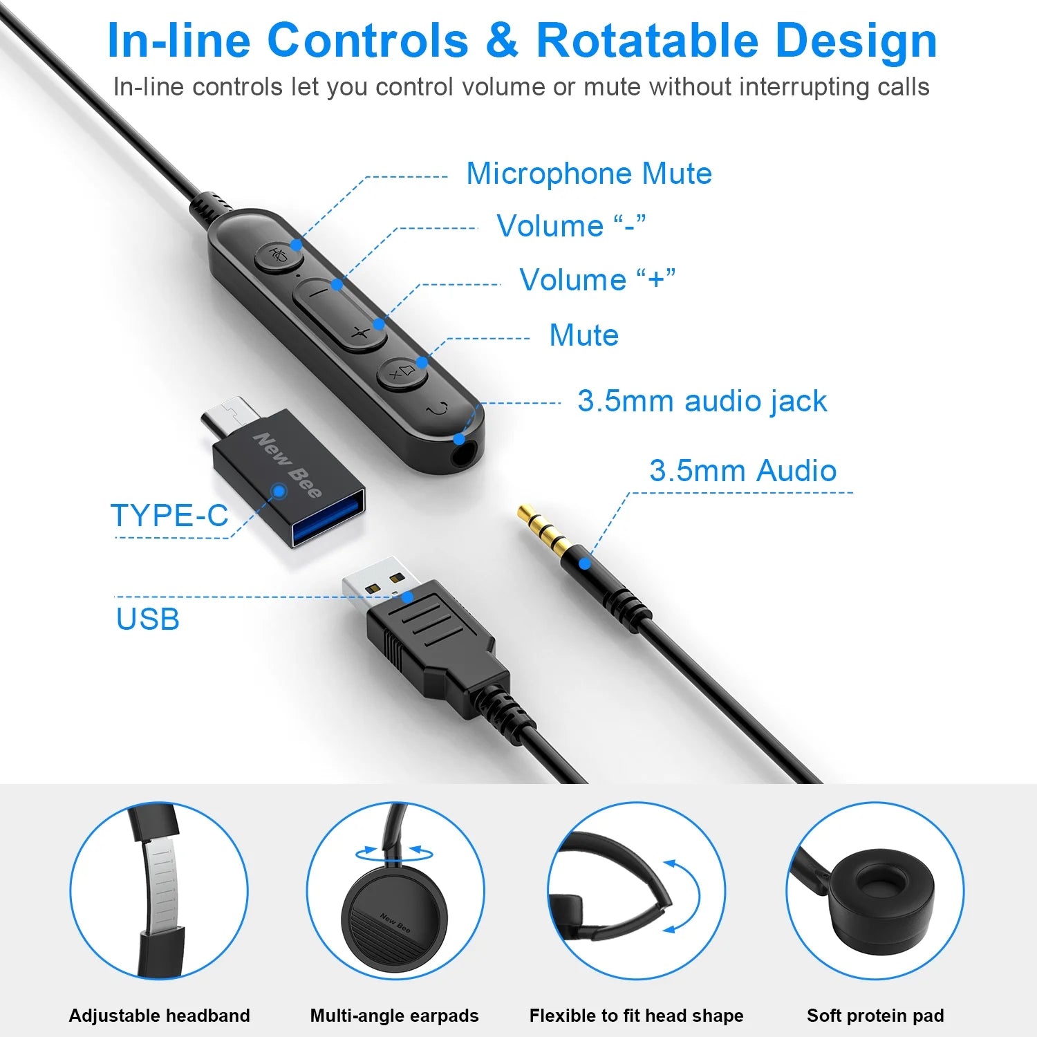 (2 Pack)  USB Office Computer Headset with In-Line Volume Control Noise Cancelling Microphone