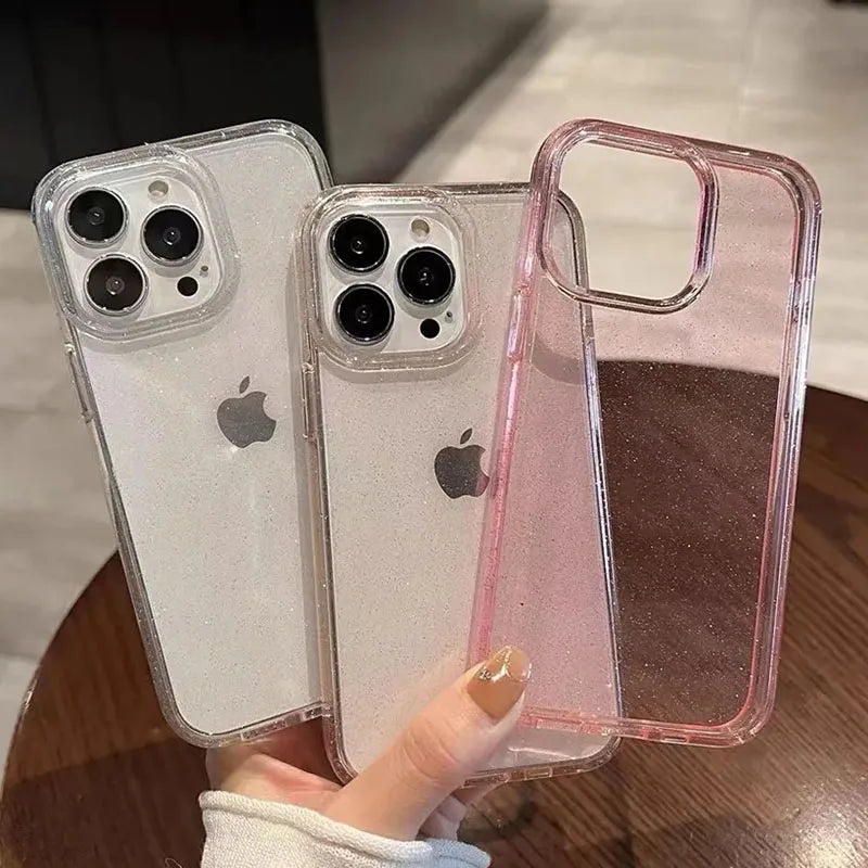 TECHODIB Luxury Glitter Clear Phone Case for iPhone 11–17 Series | Shockproof Soft Transparent Cover