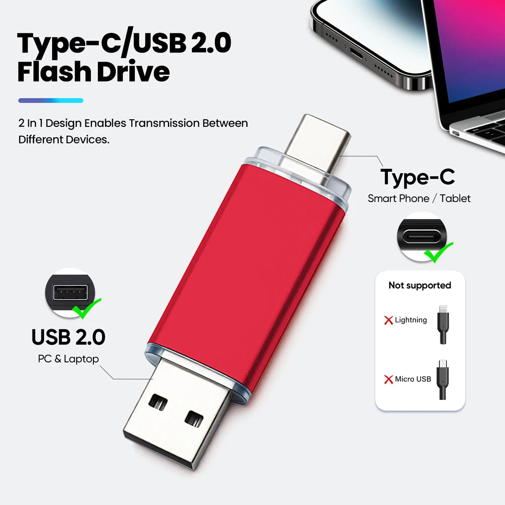 TECHODIB High-Speed 2-in-1 USB Type-C Flash Drive | 4GB–128GB Metal Pen Drive for Smartphone, Car, TV, and PC