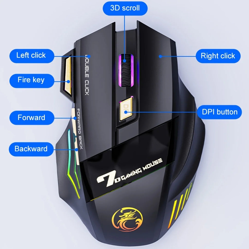 2.4G Wireless Gaming Mouse | Rechargeable, Silent Click, 3200 DPI Adjustable, RGB Lights