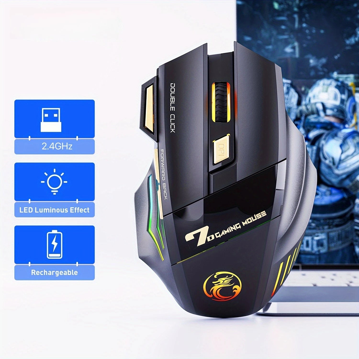 2.4G Wireless Gaming Mouse | Rechargeable, Silent Click, 3200 DPI Adjustable, RGB Lights