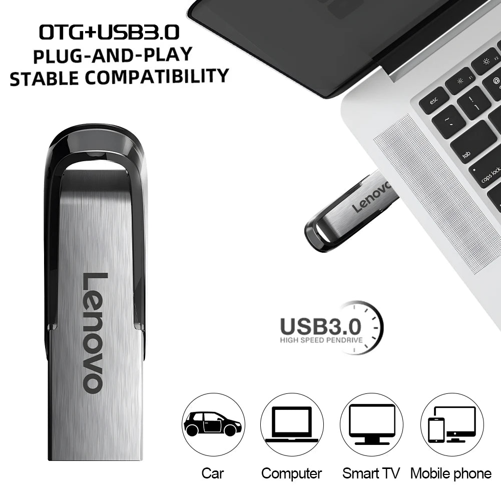 Lenovo High-Speed USB 3.0 Metal Flash Drive – 512GB / 1TB / 2TB Portable Waterproof Storage (Blue)