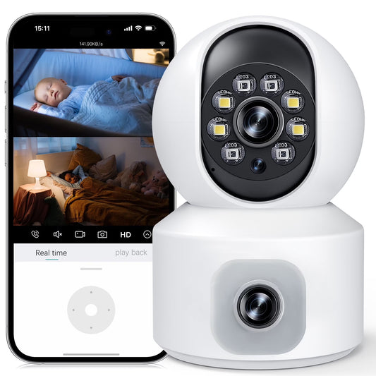 Baby Monitor with Dual Cameras, 3K HD Wifi Security Camera W/ 360° PTZ & Fixed Camera,, Motion Tracking & Full-Color Night Vision for Baby Monitor/Pet Camera, 2-Way Audio for Baby Pet Elderly