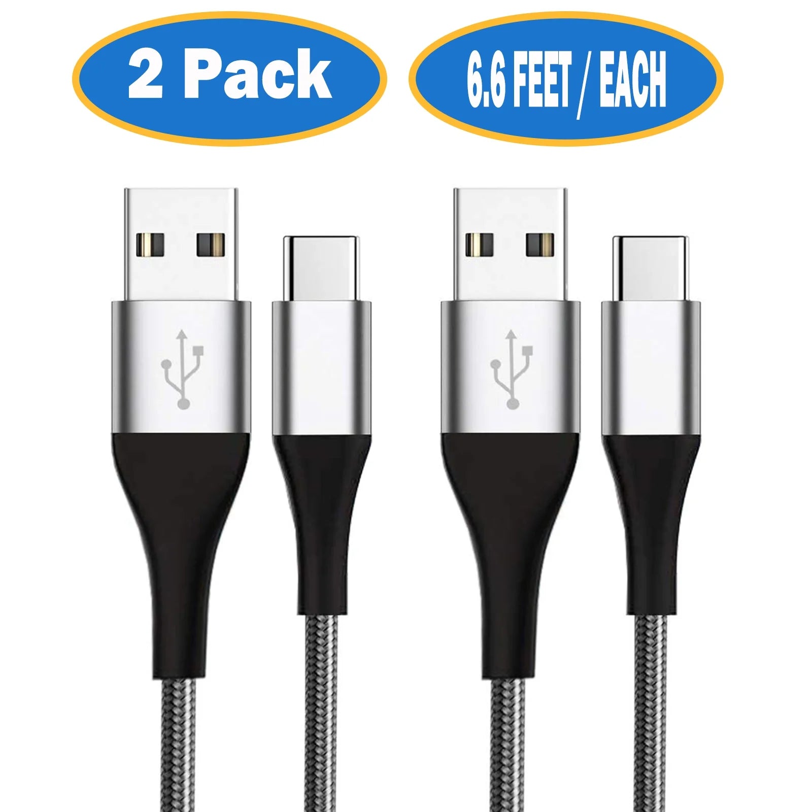 USB C Cable,  2-Pack, 6.6 Ft per Pack Nylon Braided USB a to Type C Charging Cable Fast Charge Cable for Samsung Galaxy S10 S10+ / Note 8, LG V20, Sony, Motorola and Other USB C Charger (Gray)