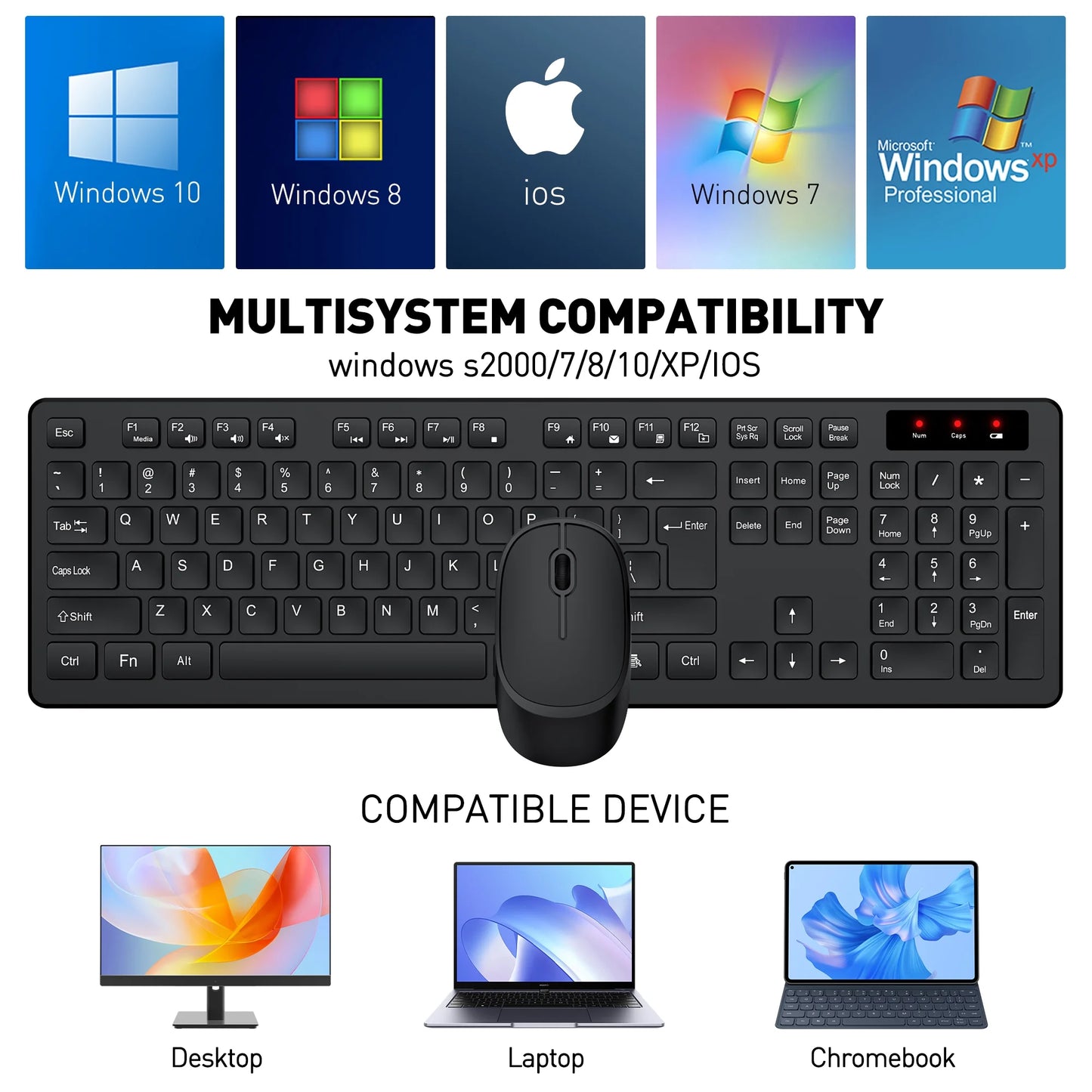 Wireless Keyboard and Mouse Combo - Ergonomic Silent Design, 12 Shortcut Keys, 2.4Ghz Full-Sized for Windows/Mac/Pc/Laptop, Black