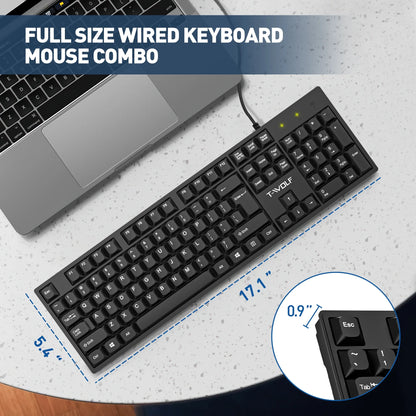 Wired USB Keyboard & Mouse Combo with 12 Shortcut Keys, Full-Size Ergonomic Silent Design, Optical Mouse for Windows/Mac Desktop, Laptop, PC, Black