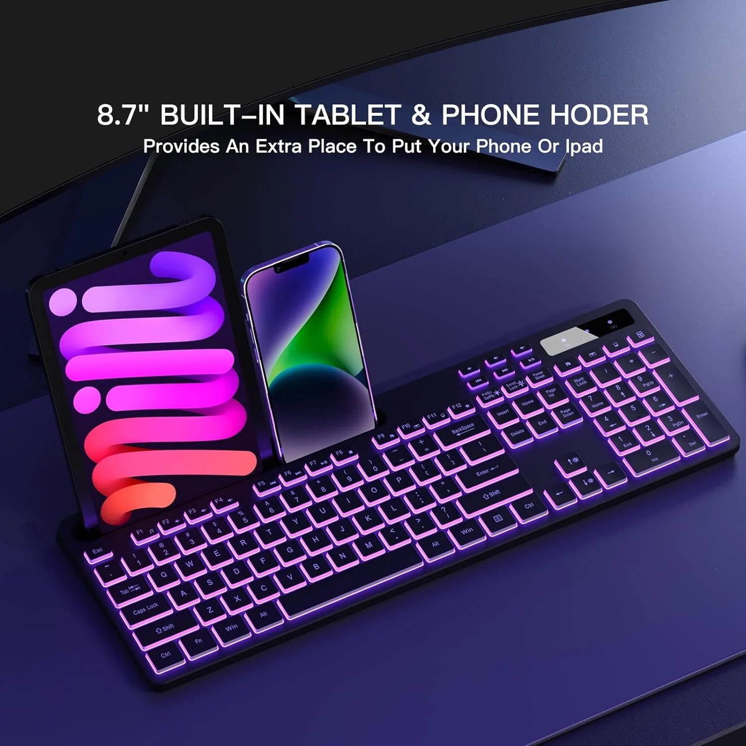 Wireless Keyboard with 7-Color RGB Backlit,  Full-Size Computer Keyboard with Phone Tablet Holder, Rechargeable 2.4G Wireless Gaming Keyboard with Light up Keys, Compatible with Mac,Window,Black