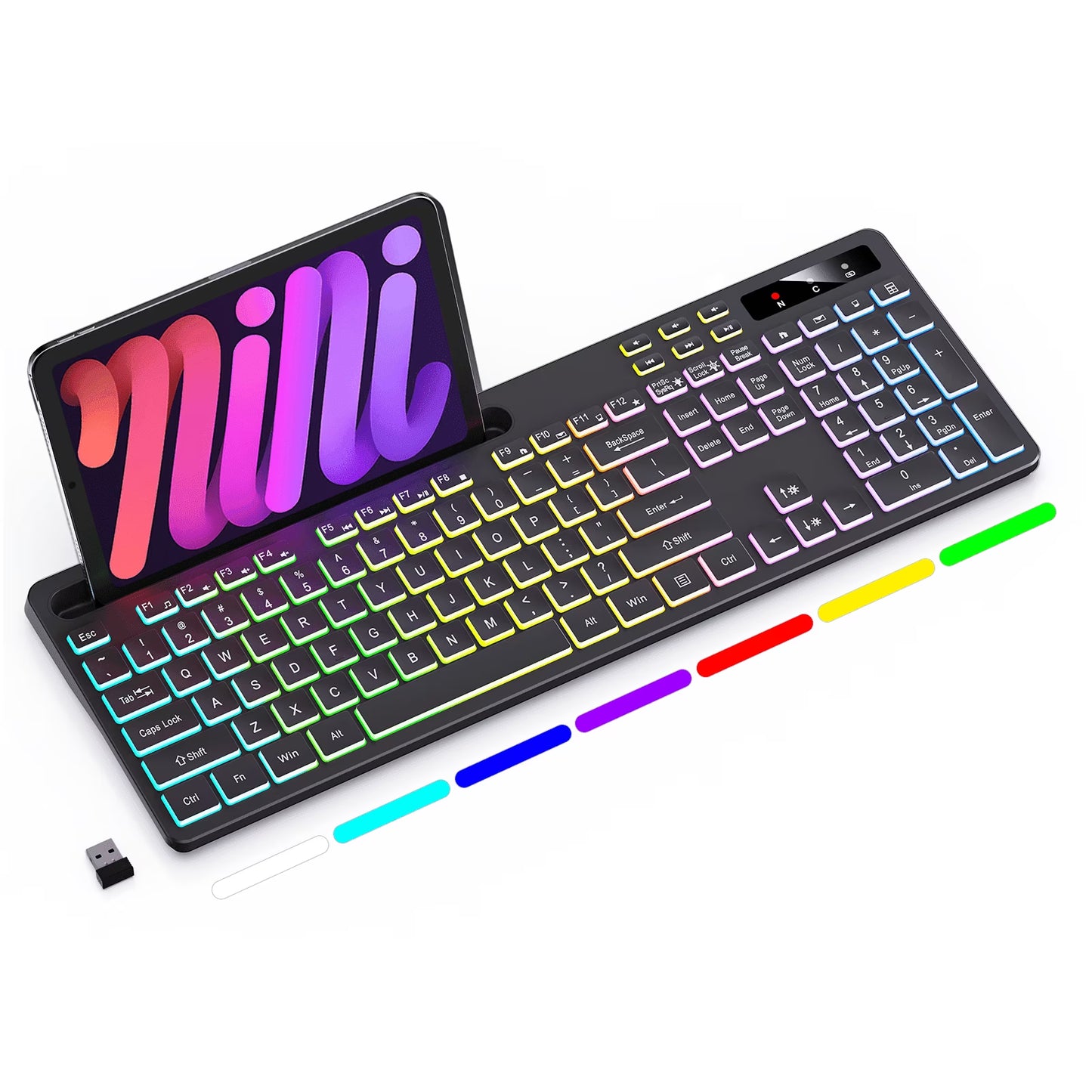 Wireless Keyboard with 7-Color RGB Backlit,  Full-Size Computer Keyboard with Phone Tablet Holder, Rechargeable 2.4G Wireless Gaming Keyboard with Light up Keys, Compatible with Mac,Window,Black