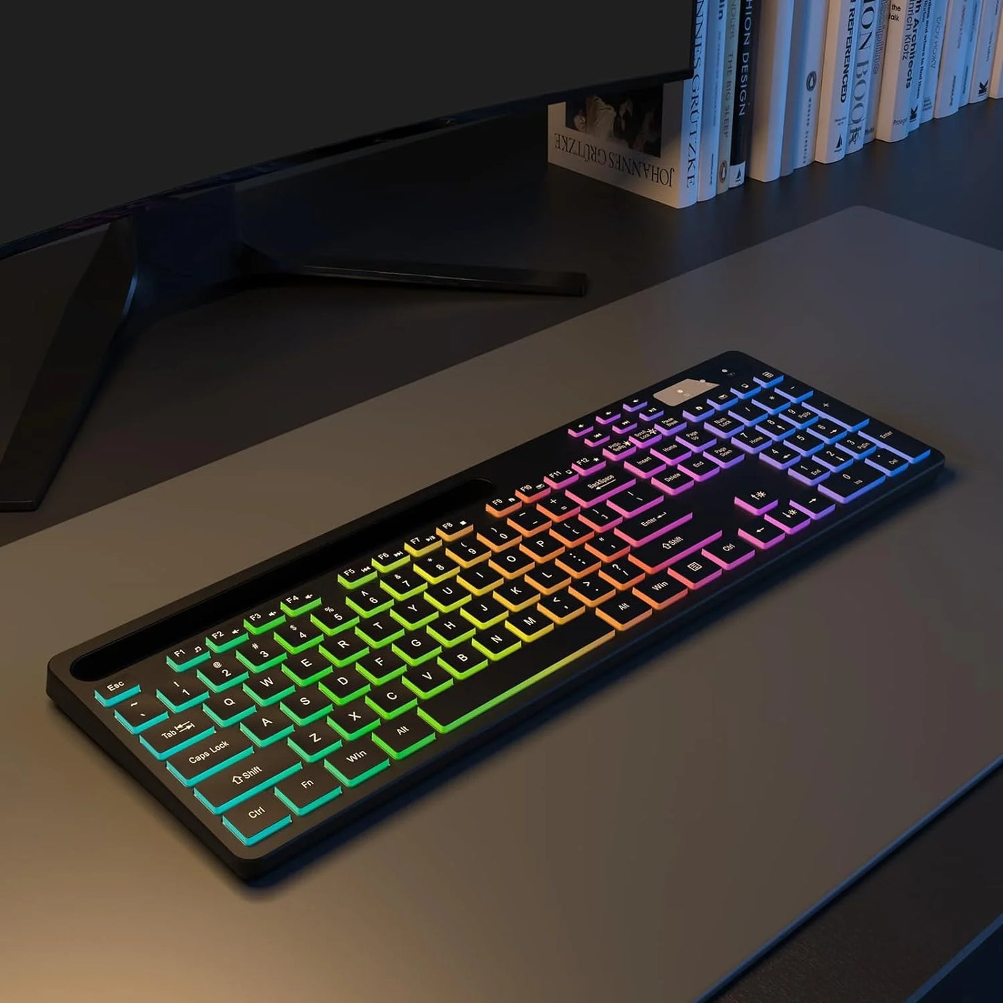 Wireless Keyboard with 7-Color RGB Backlit,  Full-Size Computer Keyboard with Phone Tablet Holder, Rechargeable 2.4G Wireless Gaming Keyboard with Light up Keys, Compatible with Mac,Window,Black