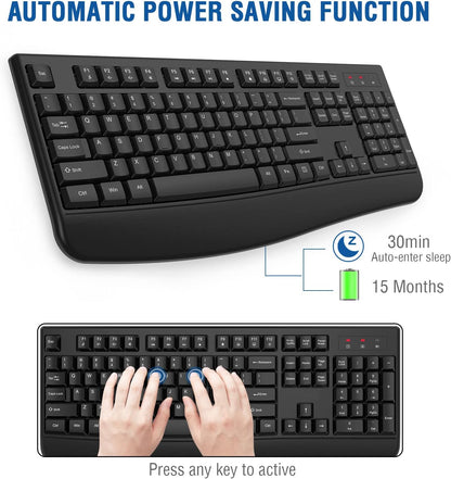 Wireless Keyboard, 2.4G Ergonomic Full Size Wireless Computer Keyboard with Wrist Rest for Windows, Mac OS Desktop/Laptop/Pc（Black）