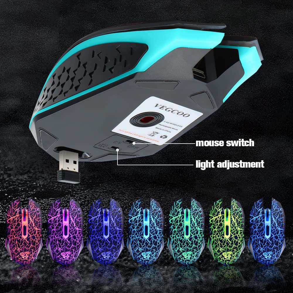 C10 Wireless Gaming Mouse Rechargeable Silent Optical Mice 7 Colors LED Lights, 7 Buttons 2400/1600/800DPI (Black)