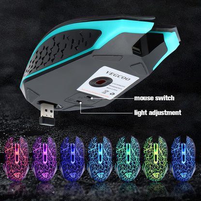 C10 Wireless Gaming Mouse Rechargeable Silent Optical Mice 7 Colors LED Lights, 7 Buttons 2400/1600/800DPI (Black)