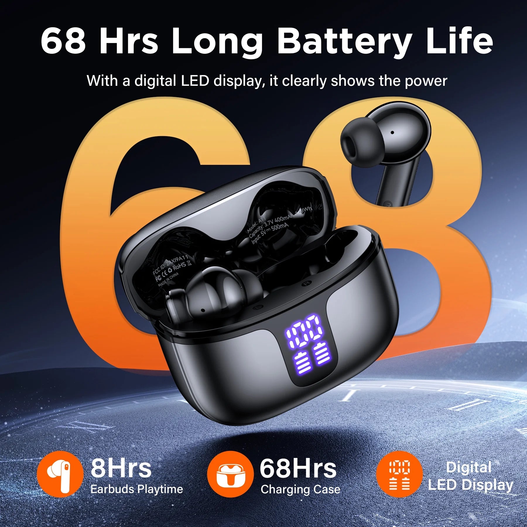 A11 Wireless Earbuds, Bluetooth 5.4 Earbuds Hi-Fi Stereo Bass 68H Playback LED Power Display Earphones with Mic IPX7 Waterproof In-Ear Earphones for TV Smart Phone Laptop Computer Sports