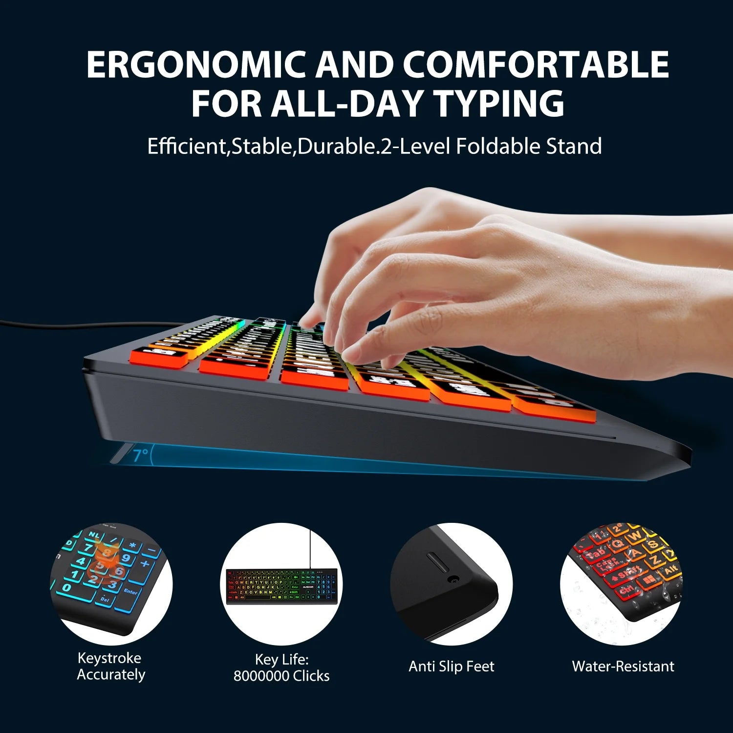 Large Print Backlit Computer Keyboard,Quiet Wired USB Full Size Keyboard,Oversize Letters Keys Easy to See and Type,Black