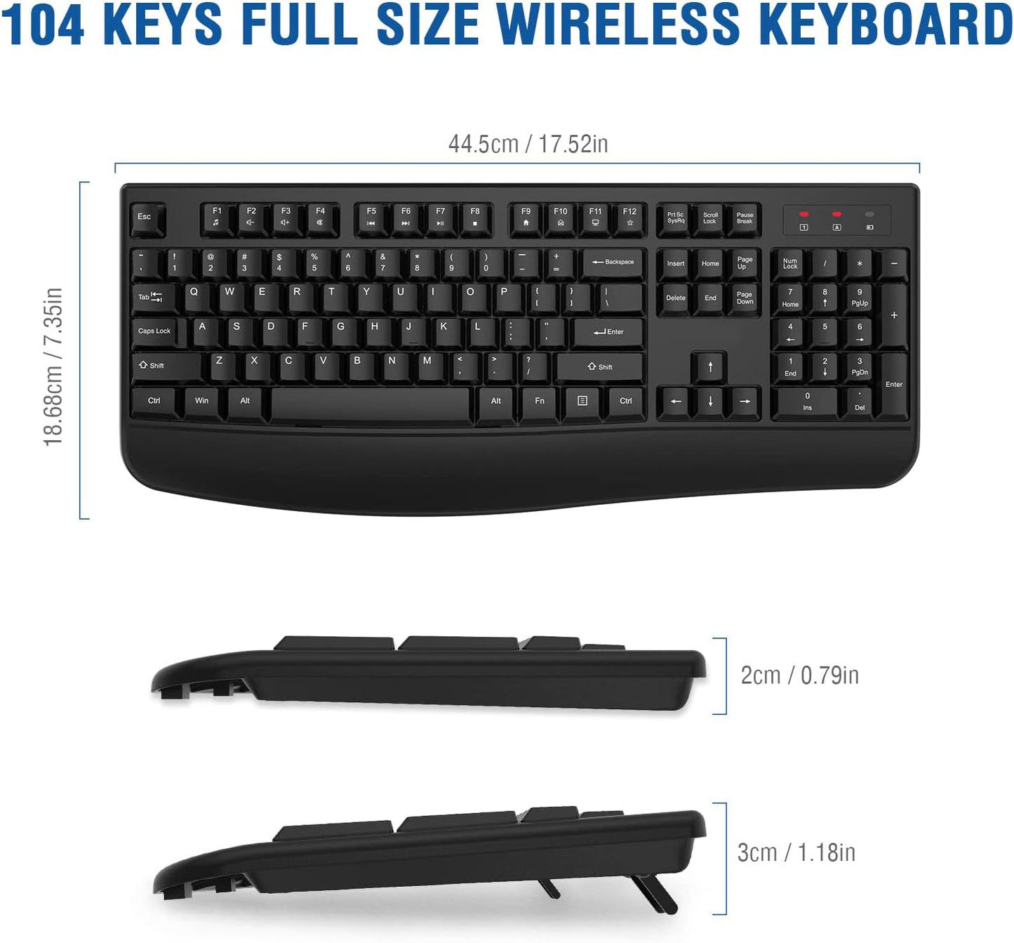 Wireless Keyboard, 2.4G Ergonomic Full Size Wireless Computer Keyboard with Wrist Rest for Windows, Mac OS Desktop/Laptop/Pc（Black）