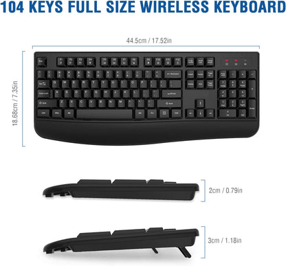 Wireless Keyboard, 2.4G Ergonomic Full Size Wireless Computer Keyboard with Wrist Rest for Windows, Mac OS Desktop/Laptop/Pc（Black）