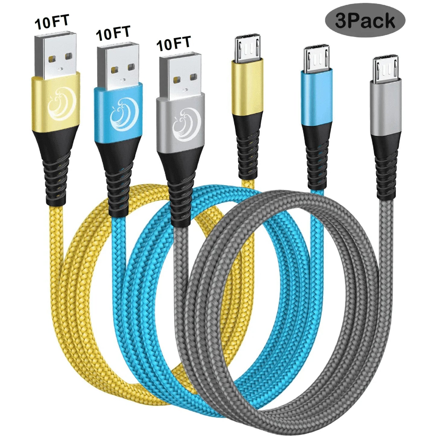 Micro USB Cable, 3Pack 10FT Android Charger Cable Long Braided Fast Charging Cable Compatible with Samsung Galaxy S7 S6 S5