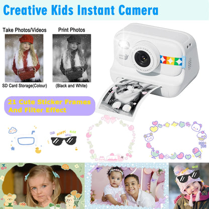 Instant Print Camera, 3 in 1 Photo/Video/Printing HD 1080P Digital Camera with Print Paper & 32G TF Card, Selfie Video Camera Toddler Portable Travel Camera for Boys & Girls
