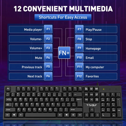 Wired USB Keyboard & Mouse Combo with 12 Shortcut Keys, Full-Size Ergonomic Silent Design, Optical Mouse for Windows/Mac Desktop, Laptop, PC, Black