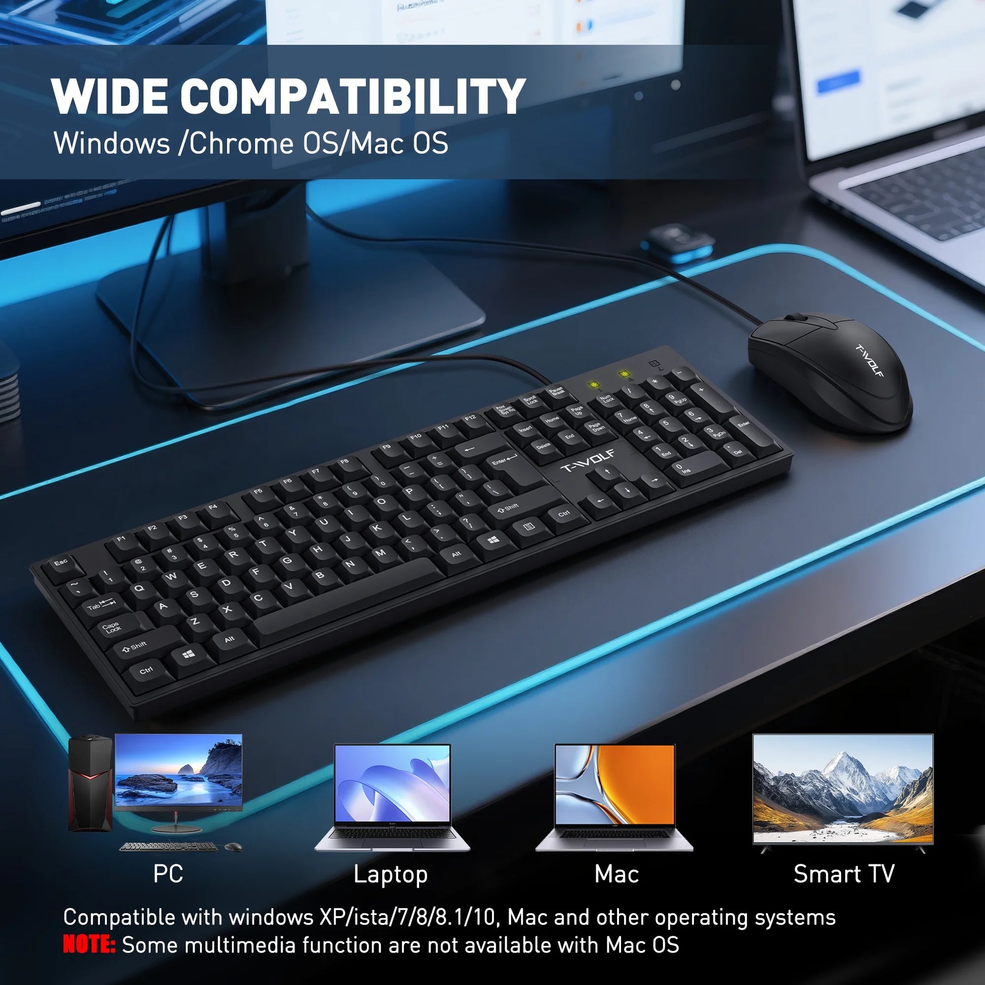 Wired USB Keyboard & Mouse Combo with 12 Shortcut Keys, Full-Size Ergonomic Silent Design, Optical Mouse for Windows/Mac Desktop, Laptop, PC, Black