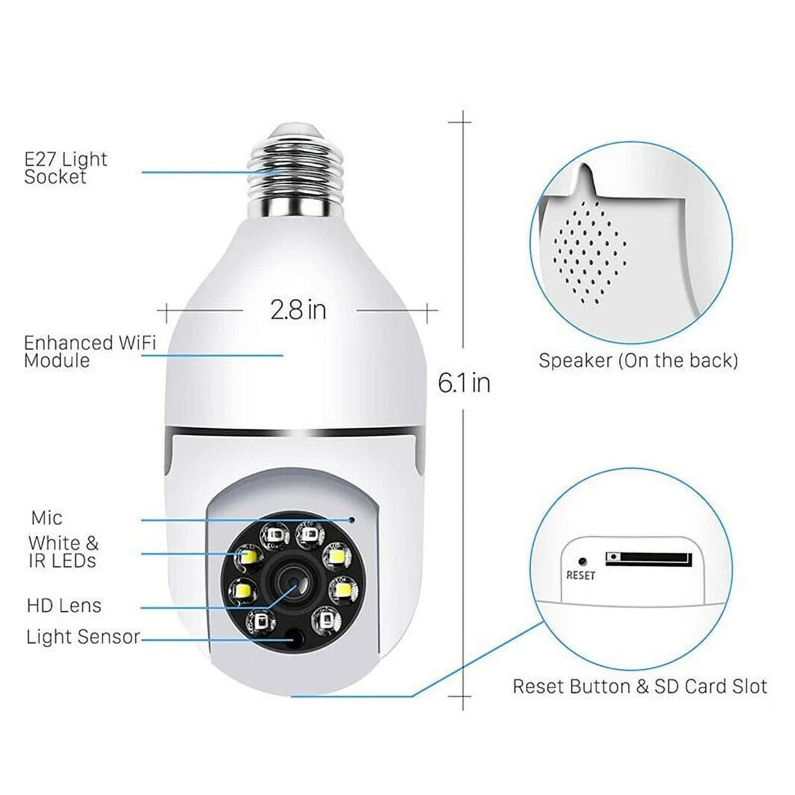 Wireless Security Camera,Wifi IP Camera 2.4Ghz E27 Light Bulb 1080P HD Security Monitor Cam with Infrared Night Vision,White