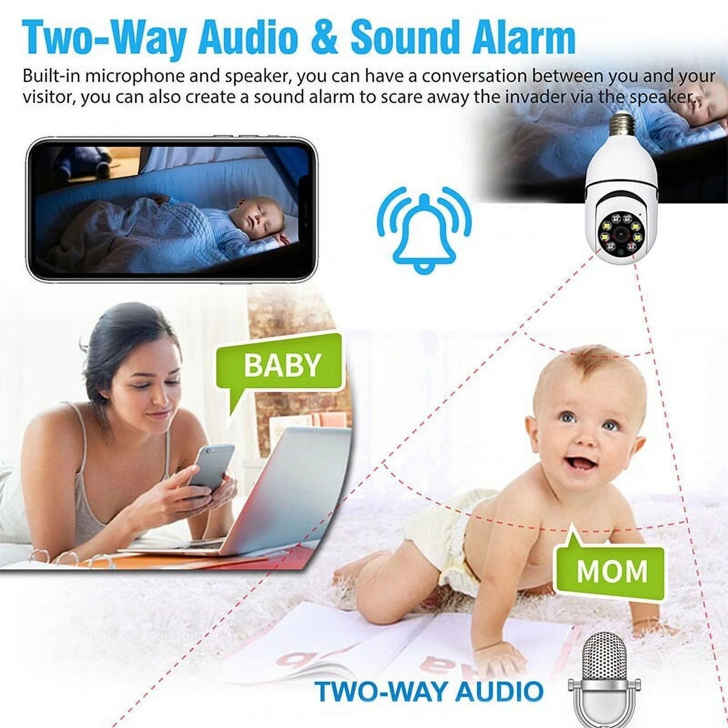 Wireless Security Camera,Wifi IP Camera 2.4Ghz E27 Light Bulb 1080P HD Security Monitor Cam with Infrared Night Vision,White