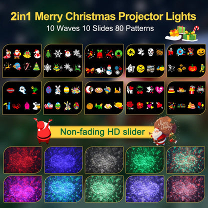 Christmas Decorations Projector Lights, Brighter Christmas Projector Outdoor/Indoor, 10 HD Slides (3D Ocean Wave & Patterns), Holiday Projector Home Party Light Landscape