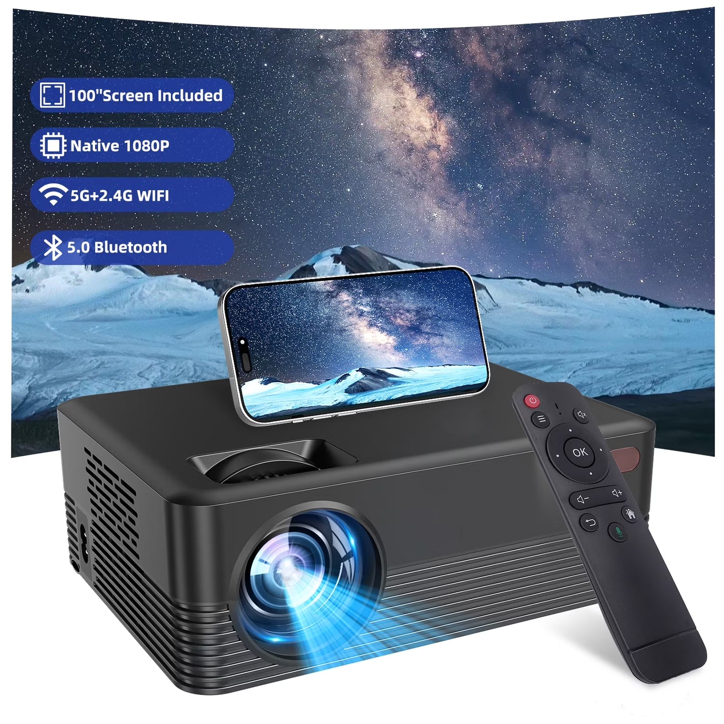 Projector with Wifi and Bluetooth, 2024 Upgrade Outdoor & Camping Projector, Mini Movie Projector Supports 1080P, Wireless & Wired Portable Projector for Home Entertainment & Camping Nights