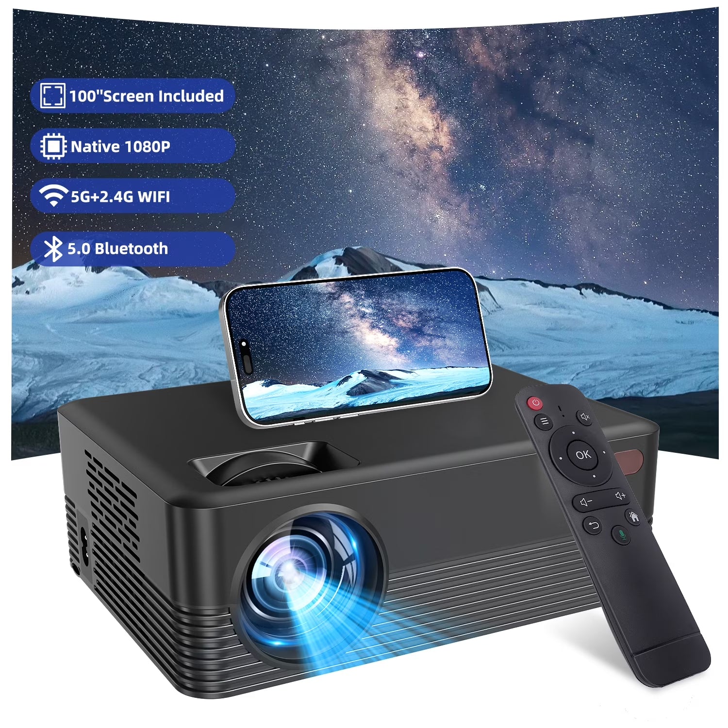 Projector with Wifi and Bluetooth, 2024 Upgrade Outdoor & Camping Projector, Mini Movie Projector Supports 1080P, Wireless & Wired Portable Projector for Home Entertainment & Camping Nights