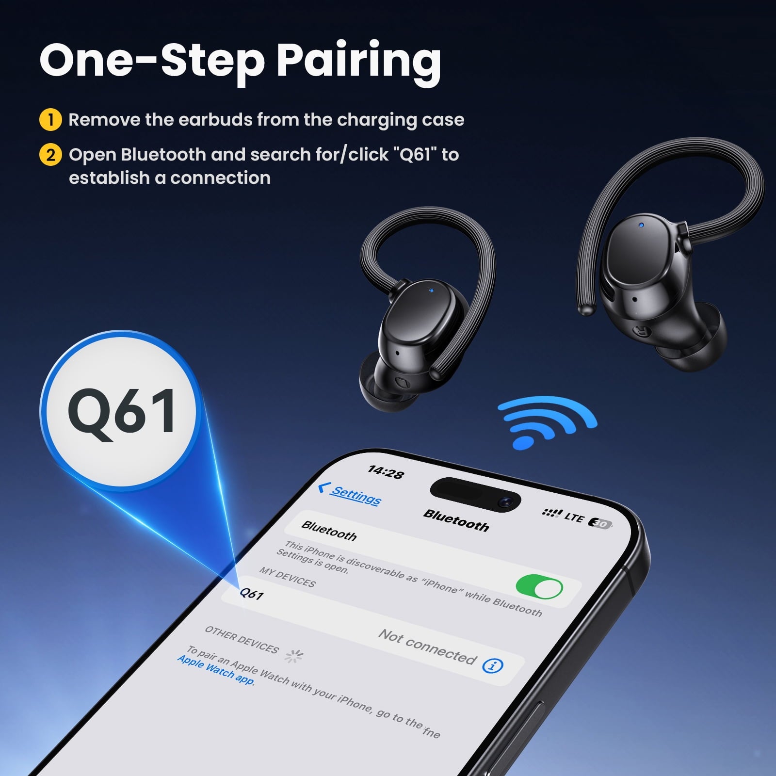 Wireless Earbuds: 48H Play Back Sport Bluetooth Headphones with LED Display Over-Ear Buds with Earhooks Built-In Mic Headset for Workout Sport, Black