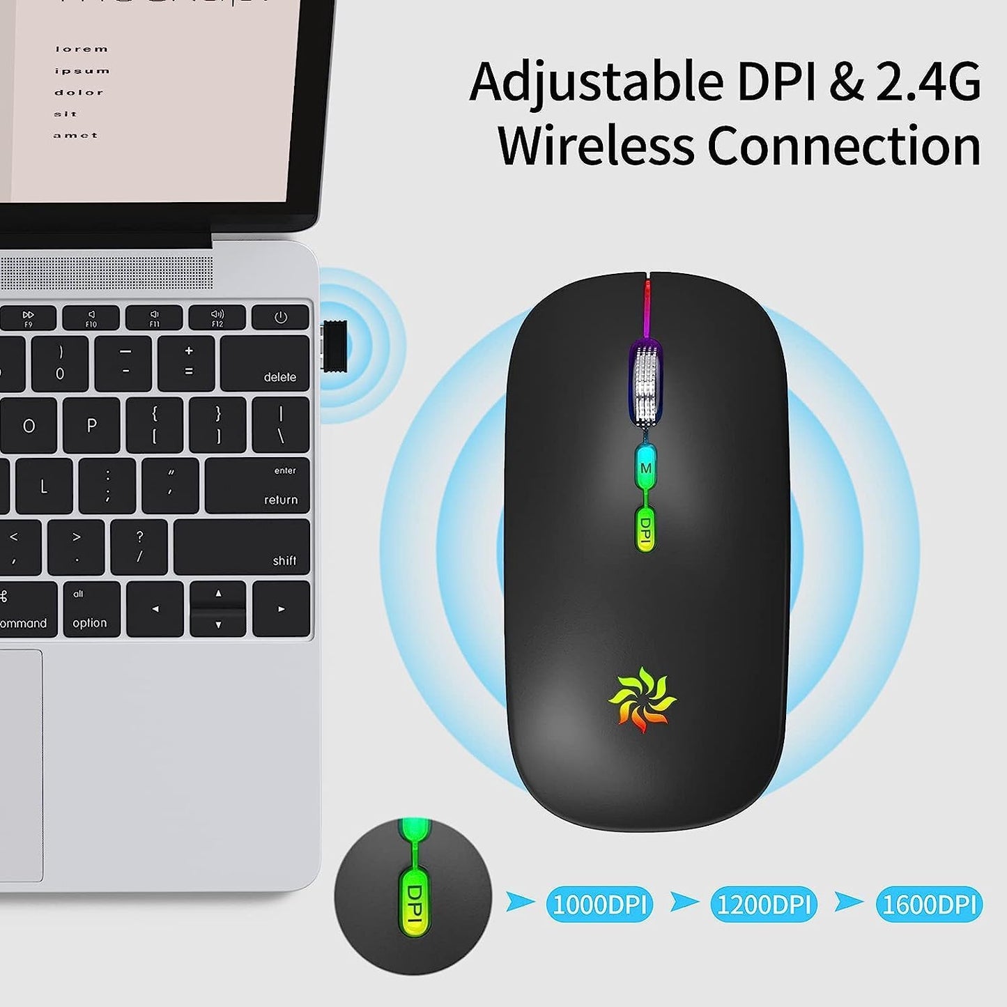 Wireless Mouse, LED Wireless Mouse for Laptop, Slim Silent Mouse 2.4G Rechargeable Wireless Computer Mouse for Laptop, Macbook, Ipad, Chromebook, with USB & Type-C Receiver