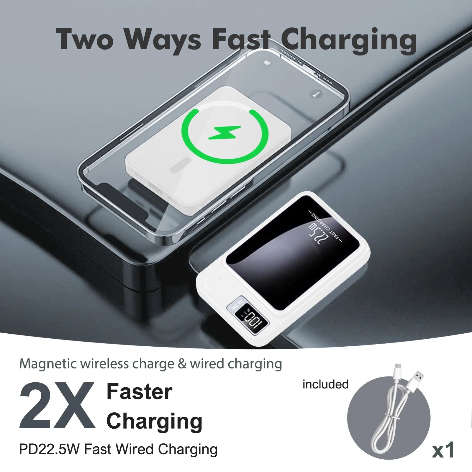 Portable Magnetic Wireless Power Bank,10000Mah 22.5W,2 in 1 Power Bank with LED Power Display, Suitable for Outdoor Emergency Backup Power Bank, Compatible with Iphone and above Series