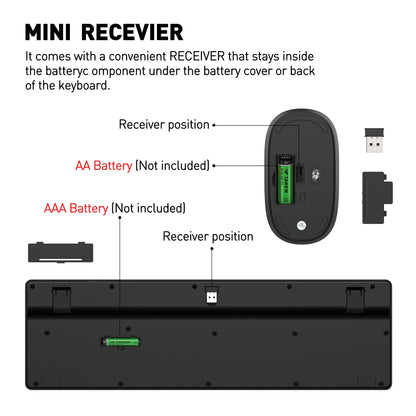 Wireless Keyboard and Mouse Combo - Ergonomic Silent Design, 12 Shortcut Keys, 2.4Ghz Full-Sized for Windows/Mac/Pc/Laptop, Black