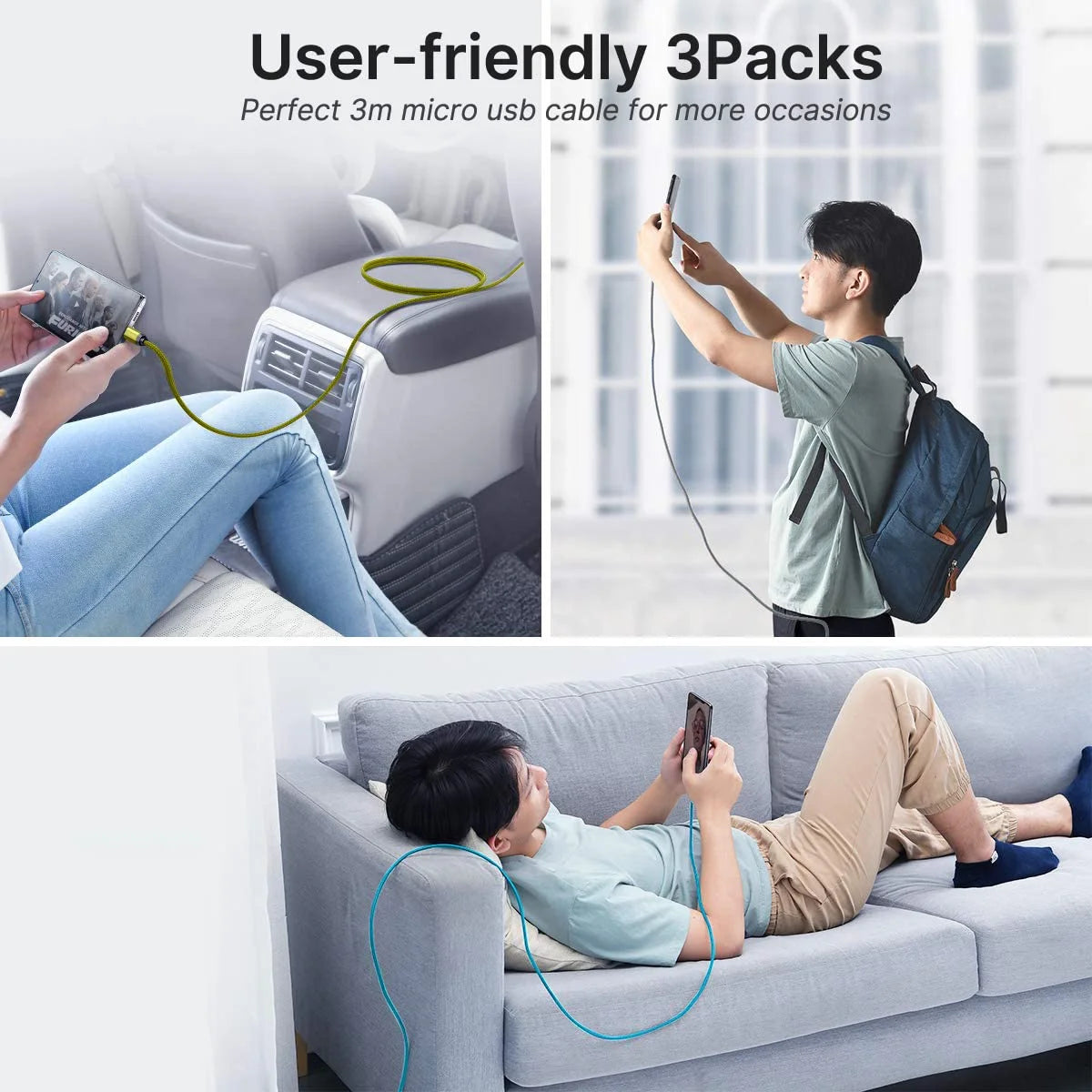 Micro USB Cable, 3Pack 10FT Android Charger Cable Long Braided Fast Charging Cable Compatible with Samsung Galaxy S7 S6 S5