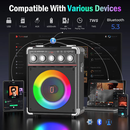 Karaoke Speaker, Bluetooth Speaker with 2 Microphones and LED Light, Portable Wireless Speaker, Outdoor Party Speaker