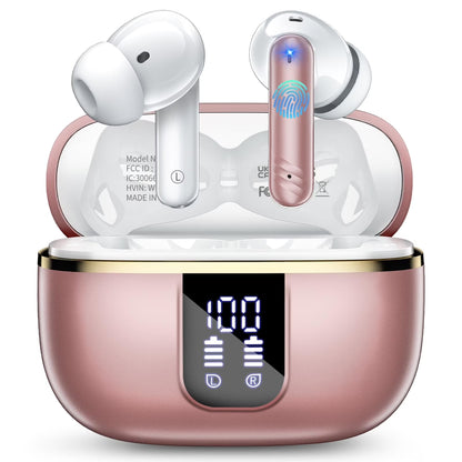 Wireless Noise Cancelling Earbuds Bluetooth 5.4 Headphones with Mic Deep Bass Stereo, 38H Playtime, LED Display, IPX7 Waterproof Sports Workout in Ear Buds for Iphone Android, Rose Gold