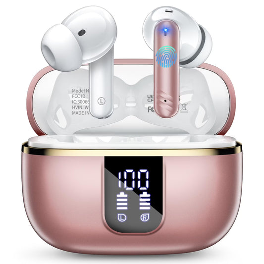 Wireless Noise Cancelling Earbuds Bluetooth 5.4 Headphones with Mic Deep Bass Stereo, 38H Playtime, LED Display, IPX7 Waterproof Sports Workout in Ear Buds for Iphone Android, Rose Gold